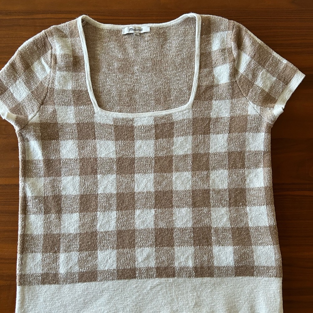 Madewell Tan and White Checkered Knit Top